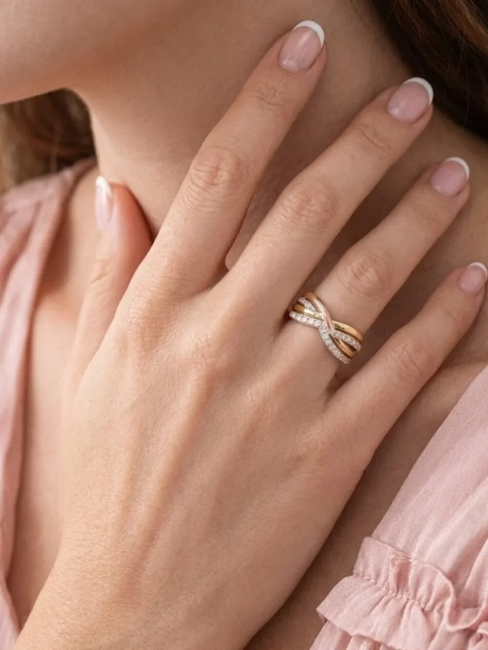Sterling Silver 925 Tricolor Infinity Crossover CZ Ring Rose Gold Dainty Sz 7